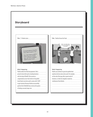 117
Methods: Ideation Phase
What’s Happening What’s Happening
Place Post-It
Drawing Here
Place Post-It
Drawing Here
Title Title
Paulitamakesherfinalloanpayment.She’s
proudtohavebuiltuphercleaningbusiness
withthehelpofBanKO.Shereceivesa
congratulatorytextthattellsherthepabilin
burialfundisnowhersanditcomeswith100P
togetstarted.BecausePaulitasuccessfully
paidherfirstPabilinKOloan,shehastheoption
oftakingasecond,largerone.
Paulitacancontinuetogrowherpabilinfund
anytimeshehassomeextracash.Forexample,
atthesaleofherpig,afteragreatweekof
business,orwhenherdaughtersendsher
remittancesfromManila.
11WeeksLater… PaulitaGrowsHerFund
Storyboard
 