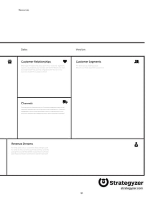 181
Resources
Revenue Streams
Customer Relationships Customer Segments
Channels
Date: Version:
What type of relationship does each of our Customer Segments
expect us to establish and maintain with them? Which ones have
we established? How are they integrated with the rest of our
business model? How costly are they?
For whom are we creating value?
Who are our most important customers?
Through which Channels do our Customer Segments want to be
reached? How are we reaching them now? How are our Channels
integrated? Which ones work best? Which ones are most cost-
efficient? How are we integrating them with customer routines?
For what value are our customers really willing to pay?
For what do they currently pay? How are they currently
paying? How would they prefer to pay? How much does
each Revenue Stream contribute to overall revenues?
 
