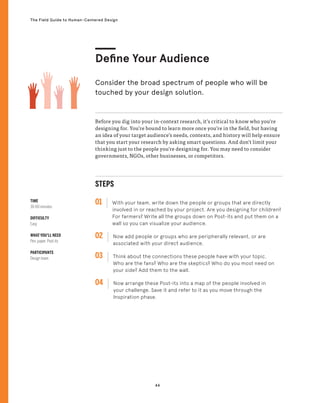 44
The Field Guide to Human-Centered Design
Before you dig into your in-context research, it’s critical to know who you’re
designing for. You’re bound to learn more once you’re in the field, but having
an idea of your target audience’s needs, contexts, and history will help ensure
that you start your research by asking smart questions. And don’t limit your
thinking just to the people you’re designing for. You may need to consider
governments, NGOs, other businesses, or competitors.
Consider the broad spectrum of people who will be
touched by your design solution.
STEPS
01 With your team, write down the people or groups that are directly
involved in or reached by your project. Are you designing for children?
For farmers? Write all the groups down on Post-its and put them on a
wall so you can visualize your audience.
02 
Now add people or groups who are peripherally relevant, or are
associated with your direct audience.
03 
Think about the connections these people have with your topic.
Who are the fans? Who are the skeptics? Who do you most need on
your side? Add them to the wall.
04 
Now arrange these Post-its into a map of the people involved in
your challenge. Save it and refer to it as you move through the
Inspiration phase.
TIME
30-60 minutes
DIFFICULTY
Easy
WHAT YOU’LL NEED
Pen, paper, Post-its
PARTICIPANTS
Design team
Define Your Audience
 