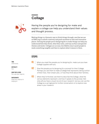 61
Methods: Inspiration Phase
TIME
30-60 minutes
DIFFICULTY
Easy
WHAT YOU’LL NEED
Pens, paper, glue, magazines
PARTICIPANTS
Design team, people you’re
designing for
STEPS
01 When you meet the people you’re designing for, make sure you have
Collage supplies with you.
02 
Give the people you’re designing for a prompt for their Collage.
Perhaps you ask them to make a Collage that represents taking control
of their lives, their dream jobs, or how they think about their families.
03 
When they’re finished, ask them to describe the Collage, what the
various elements represent, and how it speaks to the prompt. Not
only will you have a visual record of your research, but you can use the
Collage as a springboard to further conversation or to explore new
areas in your research.
Making things is a fantastic way to think things through, one that we use
at IDEO.org to unlock creativity and push ourselves to new and innovative
places. Getting the people you’re designing for to make things can help you
understand how they think, what they value, and may surface unexpected
themes and needs. Collages are an easy, low-fidelity way to push people to
make something tangible and then to explain what it means to them.
Collage
Having the people you’re designing for make and
explain a collage can help you understand their values
and thought process.
 