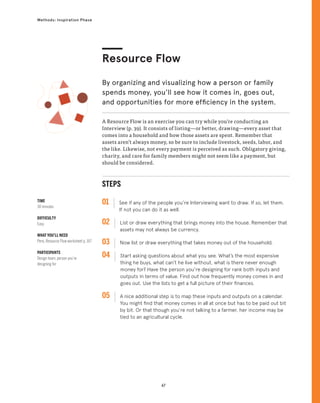 67
Methods: Inspiration Phase
TIME
30 minutes
DIFFICULTY
Easy
WHAT YOU’LL NEED
Pens, Resource Flow worksheet p. 167
PARTICIPANTS
Design team, person you’re
designing for
STEPS
01 See if any of the people you’re Interviewing want to draw. If so, let them.
If not you can do it as well.
02 
List or draw everything that brings money into the house. Remember that
assets may not always be currency.
03 
Now list or draw everything that takes money out of the household.
04 
Start asking questions about what you see. What’s the most expensive
thing he buys, what can’t he live without, what is there never enough
money for? Have the person you’re designing for rank both inputs and
outputs in terms of value. Find out how frequently money comes in and
goes out. Use the lists to get a full picture of their finances.
05 
A nice additional step is to map these inputs and outputs on a calendar.
You might find that money comes in all at once but has to be paid out bit
by bit. Or that though you’re not talking to a farmer, her income may be
tied to an agricultural cycle.
A Resource Flow is an exercise you can try while you’re conducting an
Interview (p. 39). It consists of listing—or better, drawing—every asset that
comes into a household and how those assets are spent. Remember that
assets aren’t always money, so be sure to include livestock, seeds, labor, and
the like. Likewise, not every payment is perceived as such. Obligatory giving,
charity, and care for family members might not seem like a payment, but
should be considered.
Resource Flow
By organizing and visualizing how a person or family
spends money, you’ll see how it comes in, goes out,
and opportunities for more efficiency in the system.
 