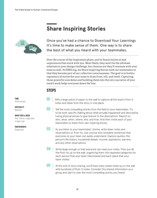 78
The Field Guide to Human-Centered Design
STEPS
01 Affix a large piece of paper to the wall to capture all the team’s Post-it
notes and ideas from the story in one place.
02 
Tell the most compelling stories from the field to your teammates. Try
to be both specific (talking about what actually happened) and descriptive
(using physical senses to give texture to the description). Report on
who, what, when, where, why, and how. And then invite each of your
teammates to share their own inspiring stories.
03 
As you listen to your teammates’ stories, write down notes and
observations on Post-its. Use concise and complete sentences that
everyone on your team can easily understand. Capture quotes, the
person’s life history, household details, income, aspirations, barriers,
and any other observations.
04 
Write large enough so that everyone can read your notes. Then put all
the Post-its up on the wall, organizing them into separate categories for
each person that your team interviewed and each place that your
team visited.
05 
At the end of story sharing, you’ll have many sheets lined up on the wall
with hundreds of Post-it notes. Consider this shared information as a
group and start to own the most compelling stories you heard.
Over the course of the Inspiration phase, you’ve heard stories or had
experiences that stuck with you. Most likely, they won’t be the ultimate
solutions to your design challenge, but chances are they’ll resonate with your
team as well. At IDEO.org, we Share Inspiring Stories with our teammates so
that they become part of our collective consciousness. The goal is to build a
repository of stories for your team to draw from, tell, and retell. Capturing
those powerful anecdotes and building them into the very narrative of your
team’s work helps everyone down the line.
Share Inspiring Stories
Once you’ve had a chance to Download Your Learnings
it’s time to make sense of them. One way is to share
the best of what you heard with your teammates.
TIME
30-60 minutes
DIFFICULTY
Moderate
WHAT YOU’LL NEED
Pens, Post-its, a large sheet
of paper, tape
PARTICIPANTS
Design team
 