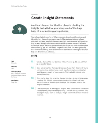 81
Methods: Ideation Phase
STEPS
01 Take the themes that you identified in Find Themes (p. 80) and put them
up on a wall or board.
02 
Now, take one of the themes and rephrase it as a short statement. You’re
not looking for a solution here, merely transforming a theme into what
feels like a core insight of your research. This is a building block, not a
resolved question.
03 
Once you’ve done this for all the themes, look back at your original design
challenge. Sift through your insight statements and discard the ones
that don’t directly relate to your challenge. You only want three to five
insights statements.
04 
Take another pass at refining your insights. Make sure that they convey the
sense of a new perspective or possibility. Consider inviting someone who
is not part of your team to read your insight statements and see how they
resonate.
You’ve heard a lot from a lot of different people, downloaded learnings, and
identified key themes from your research. The next step in the synthesis
process is to Create Insight Statements, succinct sentences that will point the
way forward. Insight statements are incredibly valuable as they’ll help you
frame How Might We (p. 85) questions and give shape and form to subsequent
Brainstorms (p. 94). It’s not always easy to create them, and it will probably
take some work editing them down to the three to five main insights that will
help you drive toward solutions.
Create Insight Statements
A critical piece of the Ideation phase is plucking the
insights that will drive your design out of the huge
body of information you’ve gathered.
TIME
60 minutes
DIFFICULTY
Hard
WHAT YOU’LL NEED
Pens, Create Insight Statements
worksheet p. 176, your work from
Find Themes
PARTICIPANTS
Design team
 