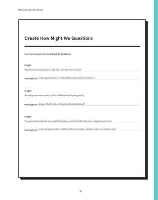 87
Methods: Ideation Phase
Turn Your Insights Into How Might We Questions
Insight:
Insight:
How might we
How might we
How might we
Insight:
Create How Might We Questions
Without proper maintenance, toilets will become dirty very quickly.
design toilets to be easily serviced and maintained?
Women want a private space in which to enter and exit the toilet.
create a private zone for women before they fully exit the toilet?
Thepeoplewholiveandworknearapublictoiletplayacrucialroleindirectinguserstowardorawayfromit.
create an experience that will drive the surrounding community to encourage more use?
 