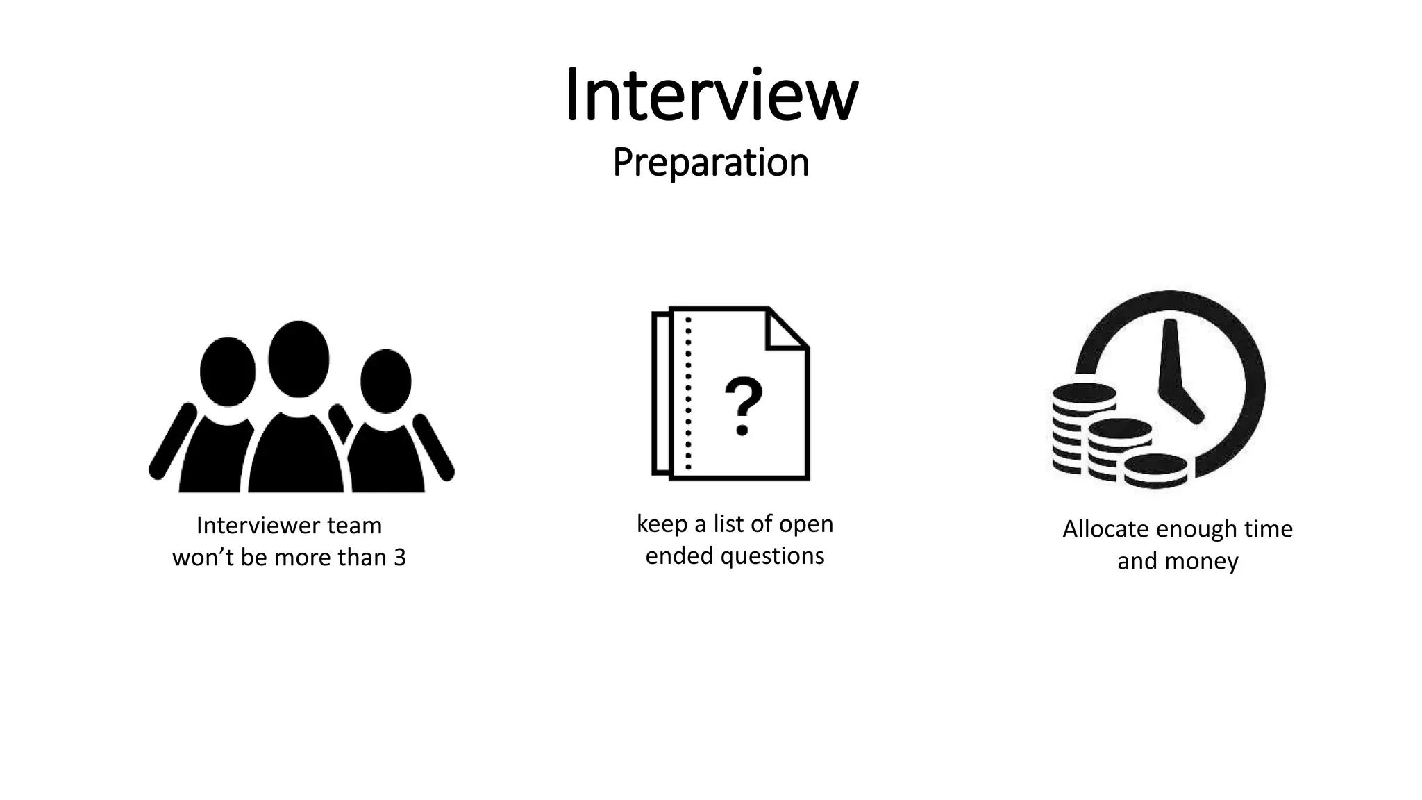 Interview
Preparation
Interviewer team
won’t be more than 3
keep a list of open
ended questions
Allocate enough time
and money