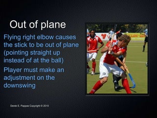 Derek E. Pappas Copyright © 2010
Out of plane
Flying right elbow causes
the stick to be out of plane
(pointing straight up
instead of at the ball)
Player must make an
adjustment on the
downswing
 