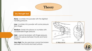 Theory
Dry Strength Test
None -crumbles into powder with the slightest
handling pressure.
Low- crumbles into powder with some pressure
from finger.
Medium- break into pieces or crumbles with
considerable finger pressure.
High - cannot be broken with finger pressure.
Break into pieces between thumb and hand
surface.
Very High The dry specimen cannot be broken
between the thumb and hard surface.
10
 