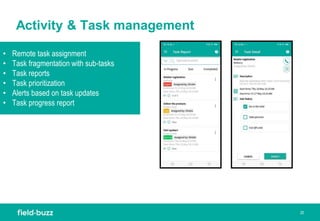 20
Activity & Task management
• Remote task assignment
• Task fragmentation with sub-tasks
• Task reports
• Task prioritiz...