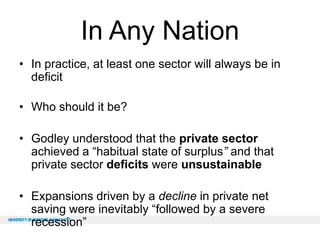 In Any Nation
• In practice, at least one sector will always be in
deficit
• Who should it be?

• Godley understood that the private sector
achieved a “habitual state of surplus” and that
private sector deficits were unsustainable
• Expansions driven by a decline in private net
saving were inevitably “followed by a severe
recession”

 