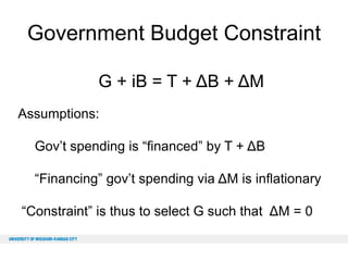 Government Budget Constraint
G + iB = T + ΔB + ΔM
Assumptions:

Gov’t spending is “financed” by T + ΔB
“Financing” gov’t spending via ΔM is inflationary

“Constraint” is thus to select G such that ΔM = 0

 