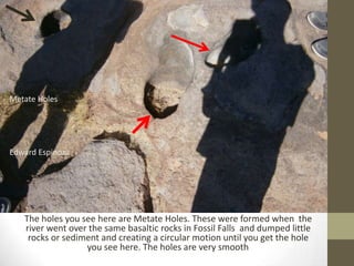 Metate Holes




Edward Espinoza




   The holes you see here are Metate Holes. These were formed when the
   river went over the same basaltic rocks in Fossil Falls and dumped little
    rocks or sediment and creating a circular motion until you get the hole
                  you see here. The holes are very smooth  .
 