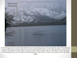 Oldest Rock
         Formations




                                             CONVICT LAKE



         Edward
         Espinoza
In the foreground is Convict lake which has an interesting story on how it got its name. The lake was
 created from glacier water which is some of the freshest water you can actually drink on the spot.
 In the background, are the oldest rock formations in the Sierras. These are known as the Sevehah
                                                Cliffs.
 