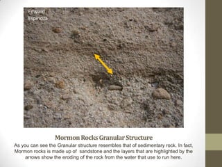 Edward
      Espinoza




                  Mormon Rocks Granular Structure
As you can see the Granular structure resembles that of sedimentary rock. In fact,
Mormon rocks is made up of sandstone and the layers that are highlighted by the
     arrows show the eroding of the rock from the water that use to run here.
 