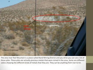 Mine
                           Tailings




 Edward Espinoza


The area near Red Mountain is a place called Rand Mining District and you drive you can see a lot of
these piles. These piles are actually precious metals that were mined in the area. Some are different
colors showing the different kinds of metals that they are. They can be anything from iron to tin.
 