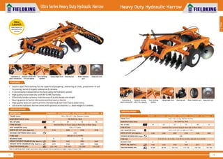 World Class Farm Equipment
Ultra Series Heavy Duty Hydraulic Harrow
18
FEATURES
SPECIFICATIONS
• Used in open field working for the superficial ploughing, shattering of clods, preparation of soil
for sowing, burial of organic substances & remains.
• It can be easily transported on the tyres using the hydraulic system.
• High quality boron steel disc with 48~52 HRC hardness.
• Effectively breaks up heavy clods because of sturdy design and weight.
• Bearing spools for better lubrication and less load on tractor.
• High quality seals are used to prevent the bearing & hub from mud & water entry.
• Ultra series hydraulic harrow comes with optional accessories i.e. dead weight & crumbler.
*Due to additional dead weight extra heavy duty hydraulic harrow operates on higher range of tractor (HP)
DESCRIPTION
FRAME (mm)
GANG BOLT/AXLE (mm)
NO. OF DISC
TYPE OF DISC
DISC DIAMETER (mm)
WIDTH OF CUT (mm Approx.)
DISTANCE BETWEEN DISCS (mm)
TYRE SIZE
BEARING HUBS
WEIGHT WITH CRUMBLER (Kg. Approx.)
150 x 150 x 8 T (Sq. Tubular Frame)
40 (Solid Sq. Rod)
Notched Disc In Front Gang & Plain Disc In Rear Gang
710 x 7 T (28")
270
400/60-15.5 (18 PR)
TRACTOR POWER (HP)
FKUSHDHH - 24
24
3118
3379
125~140*
12
FKUSHDHH - 28
28
3658
3942
145~165*
8
FKUSHDHH - 32
32
4198
4505
170~200*
FKUSHDHH - 36
36
4738
5068
210~235*
WEIGHT WITHOUT CRUMBLER (Kg. Approx.) 3004 3492 3980 4468
Gang angle lockHydraulic cylinder with
4 & 6 ton capacity
Tyre locking
system
Wider tubeless
tyre
Bearing hubCombination of
plain & notched disc
Gang axle lock
World Class Farm Equipment
Heavy Duty Hydraulic Harrow
19
FRAME (mm)
GANG BOLT/AXLE (mm)
NO. OF DISC
TYPE OF DISC
DISC DIAMETER ( )mm
WIDTH OF CUT ( Approx.)mm
DISTANCE BETWEEN DISCS (mm)
TYRE SIZE
BEARING HUBS
WEIGHT (Kg. Approx.)
TRACTOR POWER (HP)
DESCRIPTION FKHDHH - 22 FKHDHH - 28
132 x 132 x 7 (Sq. Tubular Frame)
40 ( Solid Sq. Rod)
22 28
2500 3100
Notched Disc In Front Gang & Plain Disc In Rear Gang
610 x 4.5T (24") or 660 x 6 T (26")
228
10.0/75-15.3 1(8-16 PR), 3.0/55-16 (14 PR), 400/60-15.5 (18 PR)
1760 2015
FKHDHH - 18
18
2100
6
1540
70~80
FKHDHH - 20
20
2300
1630
80 90~ 90 110~
FKHDHH - 24
24
2700
8
1845
115 135~ 140 165~
FKHDHH - 32
32
3500
2170
170 190~
SPECIFICATIONS
Gang angle lockHydraulic cylinder
with 3 ton capacity
Tyre locking
system
Wider tubeless tyreBearing hubCombination of
plain & notched disc
Gang axle lock
1
Tillage
New
Launch
•Wider tubeless tyre
•More width of Cut
•Less load
 