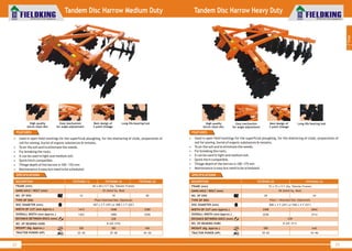 22 23
World Class Farm Equipment
Tandem Disc Harrow Heavy Duty
World Class Farm Equipment
Tandem Disc Harrow Medium Duty
60 x 60 x 5 T (Sq. Tubular Frame)
457 x 3 T (18") or 508 x 3 T (20")
DESCRIPTION
FRAME (mm)
GANG AXLE / BOLT (mm)
NO. OF DISC
TYPE OF DISC
DISC DIAMETER (mm)
WIDTH OF CUT (mm Approx.)
OVERALL WIDTH (mm Approx.)
DISTANCE BETWEEN DISCS (mm)
NO. OF BEARING HUBS
WEIGHT (Kg. Approx.)
TRACTOR POWER (HP)
228
8 (UC-210)
25 (Solid Sq. Rod)
FKTDHMS-12
12
1415
1423
300
25~30
FKTDHMS-16
16
1848
1800
385
35~40
FKTDHMS-20
20
2280
2256
440
45~50
Plain/Notched Disc (Optional)
SPECIFICATIONS
1
Tillage
• Used in open field workings for the superficial ploughing, for the shattering of clods, preparation of
soil for sowing, burial of organic substances & remains.
• To air the soil and to eliminate the weeds.
• For breaking the roots.
• It can be used in light and medium soil.
• Quick hitch compatible.
• Tillage depth of the harrow is 100 ~152 mm
• Maintenance is easy but need to be scheduled.
FEATURES
• Used in open field workings for the superficial ploughing, for the shattering of clods, preparation of
soil for sowing, burial of organic substances & remains.
• To air the soil and to eliminate the weeds.
• For breaking the roots.
• It can be used in light and medium soil.
• Quick hitch compatible.
• Tillage depth of the harrow is 100~175 mm
• Maintenance is easy but need to be scheduled.
FEATURES
SPECIFICATIONS
72 x 72 x 5 T (Sq. Tubular Frame)
508 x 3 T (20") or 558 x 4 T (22")
DESCRIPTION
FRAME (mm)
GANG AXLE / BOLT (mm)
NO. OF DISC
TYPE OF DISC
DISC DIAMETER (mm)
WIDTH OF CUT (mm Approx.)
OVERALL WIDTH (mm Approx.)
DISTANCE BETWEEN DISCS (mm)
NO. OF BEARING HUBS
WEIGHT (Kg. Approx.)
TRACTOR POWER (HP)
228
8 (UC-211)
28 (Solid Sq. Rod)
FKTDHHS-24
24
2842
2712
640
75~90
Plain / Notched Disc (Optional)
FKTDHHS-20
20
2408
2256
580
55~65
Long life bearing hubEasy mechanism
for angle adjustment
Best design of
3 point linkage
High quality
boron steel disc
Best design of
3 point linkage
Long life bearing hubEasy mechanism
for angle adjustment
High quality
boron steel disc
 