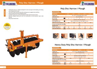 World Class Farm Equipment
Poly Disc Harrow / Plough
• The Poly Disc Harrow / Plough is designed to work in all type of soil breaking, soil raising,
soil turning and soil mixing.
• The tractor takes minimum load while working even in toughest soil conditions.
• Perfectly balanced for best ploughing results.
• Available in plain disc as well as notched disc (Both made from boron steel).
• Specially designed bearing hub with the combination of ball bearing & taper roller
bearing.
• Heavy duty frame & axle.
24
World Class Farm Equipment
Poly Disc Harrow / Plough
Heavy Duty Poly Disc Harrow / Plough
DESCRIPTION
FRAME (mm)
GANG AXLE (mm)
NO. OF DISC
TYPE OF DISC
DISC DIAMETER (mm)
WIDTH OF CUT (mm Approx.)
DISTANCE BETWEEN DISCS (mm)
BEARING HUBS
WEIGHT (Kg. Approx.)
TRACTOR POWER (HP)
95 x 125 x 8 T (Rectangle Tubular Frame)
Notched or Plain Disc (Optional)
6
FKPDHH - 6
1202
452
55~75
7
FKPDHH - 7
1453
480
65~90
DIA. 90 (Seamless Pipe)
610 x 4.5 T (24"), 660 x 5 T (26")
264
2 Nos. (Heavy Duty)
8
FKPDHH - 8
1704
510
75~110
SPECIFICATIONS
DESCRIPTION
FRAME (mm)
GANG AXLE (mm)
NO. OF DISC
TYPE OF DISC
DISC DIAMETER (mm)
WIDTH OF CUT (mm Approx.)
DISTANCE BETWEEN DISCS (mm)
BEARING HUBS
WEIGHT (Kg. Approx.)
TRACTOR POWER (HP)
95 x 125 x 8 T (Rectangle Tubular Frame)
DIA. 63 (Solid Bar)
Notched or Plain Disc (Optional)
560 x 4 T (22"), 610 x 4.5 T (24"), 660 x 5 T (26")
228
2 Nos.
6
FKPDH - 6
1066
387
45~50
7
FKPDH - 7
1284
416
50~55
8
FKPDH - 8
1501
445
55~60
9
FKPDH - 9
1718
490
60~65
10
FKPDH - 10
1935
525
65~75
SPECIFICATIONS
25
1
Tillage
Coulter hub
assembly
Bearing hub Shocker assembly Boron steel discScraper &
Heavy duty spool
New
Launch
•Heavy duty frame
•Less maintenance
•Boron steel disc
FEATURES
 