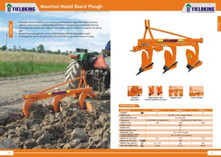 World Class Farm Equipment
Mounted Mould Board Plough
• The under-frame and unit-to-unit clearance are adequate to cope with trashy conditions.
• Adding an extra furrow or repositioning units to allow for extra clearance is quick and easy.
• The plough has special wear-resistant steel blade with bar points for toughest ploughing
jobs.
• Bar points having longer life, as they can be extended till the last possible length.
• It is designed to work in all types of soil, for soil breaking, soil raising and soil turning.
30
World Class Farm Equipment
2
1300
FKMBP36 - 2 FKMBP36 - 3
3
50 (Solid Rod)
36 (Profile Cut Single Piece)
1880
1066
10
8
40 x 25 Bar (Forged)
65 x 16 (Flat) & 32 (Square)
80 x 80 x 7 (Sq. Tubular Frame)FRAME (mm)
DRAW BAR ROD (mm)
TYNE (mm)
LENGTH (mm)
HEIGHT (mm)
BLADE (mm)
MOULD BOARD (mm)
BAR POINT (mm)
DESCRIPTION
FURROW 4
2460
610
212 / 235
45~60
910
350
350
65~75
WIDTH OF CUT (mm)
DEPTH OF CUT (mm)
WEIGHT (Kg. Approx.)
TRACTOR POWER (HP)
1210
455
80~95
FKMBP36 - 4
3 POINT LINKAGE LEVER &
CONNECTING ROD (mm)
25/36 (Profile Cut Single Piece)
31
SPECIFICATIONS
1
Tillage
FEATURES
Long lasting, wear
resistant blade & bar point
Rugged frameDrawbar
adjustment
3 point linkage
 