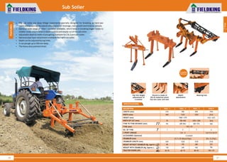 World Class Farm Equipment
Sub Soiler
• The sub soiler are deep tillage implements specially designed for breaking up hard pan
layers and loosening the subsoil allowing better drainage, root growth and mineral osmosis.
• Optional wide range of roller/ crumbler available, which helps in breaking bigger lumps to
smaller clods.Also it helps in depth control and steady run of the sub soiler.
• Adjustable depth & width of ploughing available for 2 & 3 arm sub-soiler.
• Optional pipe layer attachment available for 1 arm sub soiler.
• Depth can be adjusted by top links.
• It can plough up to 550 mm deep .
• The heavy duty pointed chisel.
FEATURES
36
World Class Farm Equipment
37
SPECIFICATIONS
1
Tillage
DESCRIPTION
LENGTH (mm)
WIDTH (mm)
HEIGHT (mm)
FKSS - 1
510
660
FKSS - 2
550
1220
1060~1370
FKSS - 3
830
1520
TYNE (mm)
NO. OF TYNE
ACCESSORIES (Optional)
CRUMBLER (mm)
CRUMBLER LENGTH (mm)
TRACTOR POWER (HP)
1
40~55
650
150 x 25
2
60 75~
Crumbler
33.7 x 25 (Round Pipe)
1220
3
WEIGHT WITHOUT CRUMBLER (Kg. Approx.) 68 195 280
80~95
1530
WEIGHT WITH CRUMBLER (Kg. Approx.) 150 245 430
3 POINT LINKAGE Cat - II
WIDTH OF CUT (mm) 70 708~960 1055~1284
TYNE TO TYNE DISTANCE (mm) NA 600~863 465~576
FKSS-5
1554
2510
1422~1672
550
1810
5
Cat-II & Cat-III
570
790
100~135
2510
50 x 12 (Flat)
Crumbler
Optional
Bearing hubDepth
adjustment
Shovel is made of
EN-42 material which
has less wear and tear
Top link height
adjustment of
crumbler
 