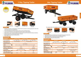 World Class Farm Equipment
3 Way Tipping Trailer
48
• Flexibility of loading/unloading goods/ materials like farm produce by simply tipping them which saves
overall operating cost of transportation.
• Three side tipping mechanism with single cylinder for easy unloading of goods.
• Control valve mechanism for side tipping which makes it safer for side unloading.
• High grade hub, axle, bearings & tipping mechanism enhance life of the trailer (durability & reliability).
• Easily transportable as it gets easily attached/ mounted.
• Well designed for towing and loading stability.
• Wide tubeless tyres.
FEATURES
SPECIFICATIONS
DESCRIPTION
OUTER DIMENSIONS
MAIN CHASSIS (mm)
FLOOR SHEET (mm)
SIDE WALL SHEET (mm)
TYRES
RING HITCH DIA.(mm)
HYDRAULIC CYLINDER CAPACITY
AXLE (Brake Optional) (mm)
AXLE BEARING
LEAF SPRING (Optional)
WEIGHT (Kg. Approx.)
TRACTOR POWER (HP)
4
3 (Corrugated)
7.50 x 16, 9.00 x 16, 12.5/80-15.3 & 400 / 60-15.5 (14 to 18 PR)
8 (Ton)
75 Square
32214 Inner & 32211 Outer
36"
8 x 6 x 2 Feet
(2435 x 1828 x 610 mm)
125 x 65 ( )Tubular
50
1265
30~50
FKAT2WT-E-3TON
10 x 6 x 2 Feet
(3048 x 1828 x 610 mm)
1580
50~70
FKAT2WT-E-5TON
12 x 6 x 2 Feet
(3658 x 1828 x 610 mm)
160 x 80 ( )Tubular
FKAT2WT-E-9TON
65
15 (Ton)
90 Square
32017 Inner & 32211 Outer
1900
42"
70~90
• Flexibility of loading/ unloading saves overall operating cost of transportation.
• High grade hub, axle & bearings enhance durability & reliability.
• Easily transportable as it gets easily attached/ mounted.
• Well designed for towing and loading stability.
FEATURES
DESCRIPTION
OUTER DIMENSIONS
MAIN CHASSIS (mm)
FLOOR SHEET (mm)
SIDE WALL SHEET (mm)
TYRES
HITCH BEAM (mm)
RING HITCH DIA. (mm)
AXLE (mm)
AXLE BEARING
WEIGHT (Kg Approx.)
TRACTOR POWER (HP)
FKAT4WNT-9T FKAT4WNT-12T
50
32214 and 32213
FKAT4WNT-5T
10 x 6 x 1.75 Feet
( 3048 x 1828 x 534 mm)
75 x 40
1550
50~70
12 x 6 x 2 Feet
( 3658 x 1828 x 610 mm)
150 x 75
4
2 (Corrugated)
4 nos. of 7.5 x 16
100 x 50
75 Sq. (Front & Rear)
1720
70~90
14 x 7 x 2 Feet
( 4270 x 2134 x 610 mm)
2nos. of 7.5x16, 2nos. of 9.00x16
100 x 50
75 Sq.(Front), 90 Sq.(Rear)
32216 and 32213
2000
90~110
SPECIFICATIONS
49
World Class Farm Equipment
Non Tipping Trailer
2
Haulage
New
Launch
•More safety & balance
•Tata & sail material
•Tubeless tyre
Non tipping trailers are available in E model & C model with 2 tyres & 4 tyres options.
Corrugated sheet Safety valve
mechanism
Tubular structure
Chassis
Bob hinge mechanism
Ring hitch Revolving disc Corrugated sheet Tyre assembly
 