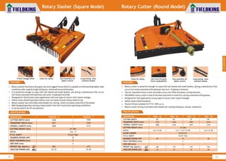World Class Farm Equipment
Rotary Slasher (Square Model)
FKRSSTO - 7
25~200
Clutch Type
2133
1940
675
75~90
5
FKRSSTO - 6
1828
1590
600
50~75
Cat - II
DESCRIPTION
CUTTING WIDTH (mm)
TRANSPORT WIDTH (mm)
OVERALL LENGTH (mm)
CUTTING HEIGHT (mm)
HITCH
P.T.O. SHAFT
GEARBOX RATING (HP)
DECK THICKNESS (mm)
SIDE SKID (mm)
WEIGHT (Kg. Approx.)
TRACTOR POWER (HP)
23462041
75
5
• Rotary slasher has heavy duty gear box and rugged frame which is capable of withstanding higher load
conditions like rough & tough wild grass, anchored straw and bushes.
• It is powerful enough to cope with tall weeds and small bushes, yet giving a satisfactory fine cut on
turf areas mounted with optional rear tyres. Scalping is minimal.
• Designed for fast & heavy duty application with any type of tractor with 3 point linkage.
• Safety chain shield & gearbox safety cover increases overall safety while in use.
• Rotary slasher has reversible steel blades for cutting, which increases total life of the blade.
• Well designed gearbox having a long trouble-free life in any harsh operating conditions.
• It can be used in an off-set position.
FEATURES
SPECIFICATIONS
54 55
World Class Farm Equipment
Rotary Cutter (Round Model)
• Rotary cutter is powerful enough to cope with tall weeds and small bushes, giving a satisfactory fine
cut on turf areas mounted with optional rear tyre. Scalping is minimal.
• Tractor-mounted rotary cutter provides a very cost-effective grass cutting solution.
• FIELDKING rotary cutter is one of the best machines in itself for cutting unwanted wild grasses.
• Designed for fast application to any type of tractor with 3 point linkage.
• Safety chain shield standard.
• Tractor Driven suitable for P.T.O. 540 r.p.m.
• Rotary cutter having reversible steel blades for cutting wild grass, shrubs, weeds etc.
SPECIFICATIONS
FEATURES
DESCRIPTION
CUTTING WIDTH
TRANSPORT WIDTH (mm)
OVERALL LENGTH (mm)
CUTTING HEIGHT (mm)
HITCH
BLADE CARRIER
P.T.O. SHAFT
GEARBOX RATING (HP)
TRACTOR POWER (HP)
DECK THICKNESS (mm)
SIDE SKID (mm)
WEIGHT (Kg. Approx.)
FKRC - 48
48"
1372
1880
Cat-I & QH
25~200
Round Pan
Clutch Type
40
15
206
FKRC - 60
60"
1676
2184
FKRC - 72
72"
1981
2591
25
310
75
35
3
5
375
FKRC - 84
84"
2235
2743
Cat-1, Cat-II & QH Cat-II & QH
90
45
530
3
Landscaping
Long lasting, wear
resistant blades
Chain for safety Cat-I,Cat-II & quick
hitch compatibility
Tyre assembly for
depth control
Tyre assembly for
depth control
Long lasting, wear
resistant blades
Chain for safety3 Point linkage offset
 