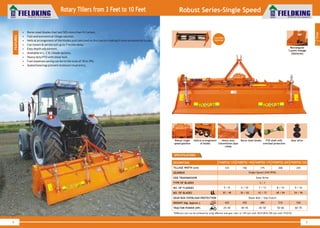 World Class Farm Equipment
Rotary Tillers from 3 Feet to 10 Feet
• Boron steel blades that last 50% more than Hi Carbon.
• Fast and economical tillage solution.
• Helical arrangement of the blades puts less load on the tractor making it more economical to use.
• Can loosen & aerate soil up to 7 inches deep.
• Easy depth adjustment.
• Available in L, C & J blade options.
• Heavy duty PTO with shear bolt.
• Fuel expenses saving can be to the tune of 18 to 39%.
• Sealed bearings prevent moisture/mud entry.
FEATURES
8 9
World Class Farm Equipment
Robust Series-Single Speed
Crumbler
Optional
Helical arrangement
of blades
Gear driveHeavy duty
transmission pipe
clamp
PTO shaft with
overload protection
Boron steel bladesRobust single
speed gearbox
SPECIFICATIONS
1
Tillage
*Different rpm can be achieved by using different side gear ratio i.e. 194 rpm with 18:33:28 & 230 rpm with 19:33:25
DESCRIPTION
TILLAGE WIDTH (cm)
GEARBOX
SIDE TRANSMISSION
TYPE OF BLADES
NO. OF FLANGES
NO. OF BLADES
GEAR BOX OVERLOAD PROTECTION
WEIGHT (Kg. Approx.)
TRACTOR POWER (HP)
480 510 540
Gear Drive
Shear Bolt / Slip Clutch
Single Speed (540 RPM)
L / J
8 / 14
48 / 84
7 / 12
42 / 72
175
FKDRTSG 175 FKDRTSG 200 FKDRTSG 225
9 / 16
54 / 96
200
45~50 50~60 60~70
225
450
6 / 10
36 / 60
150
FKDRTSG 150
40~45
420
5 / 8
30 / 48
125
FKDRTSG 125
35~40
Rectangular
3 point linkage
(Optional)
 