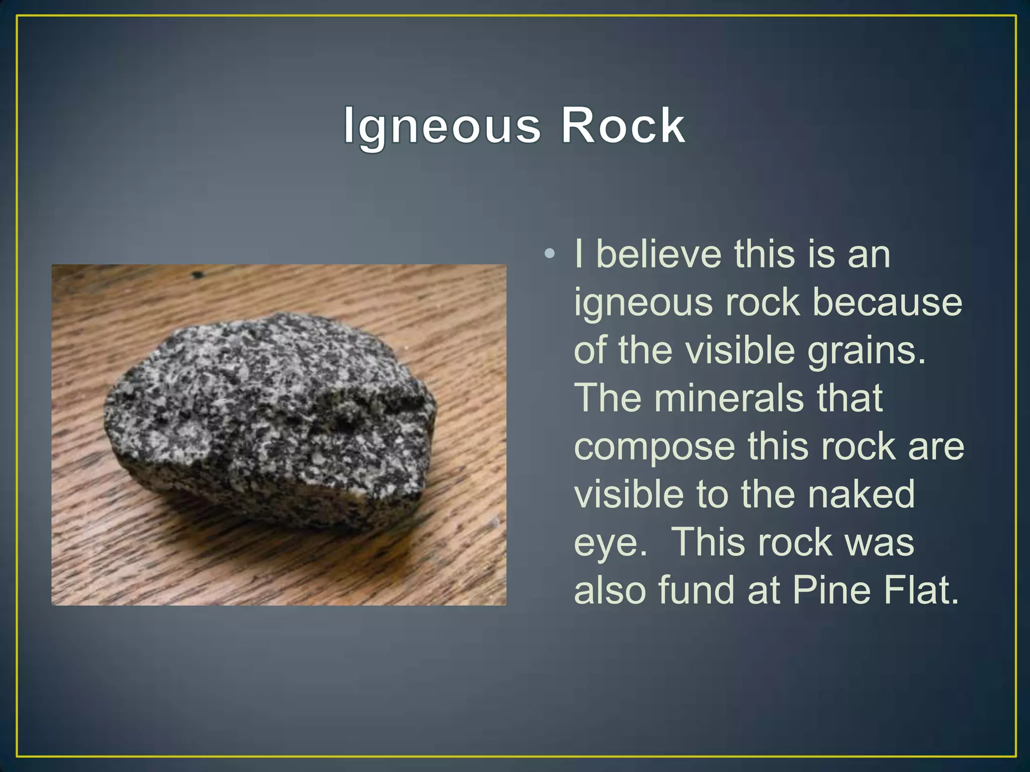 Igneous RockI believe this is an igneous rock because of the visible grains.  The minerals that compose this rock are visible to the naked eye.  This rock was also fund at Pine Flat.