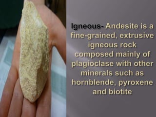 Igneous- Andesite is a fine-grained, extrusive igneous rock composed mainly of plagioclase with other minerals such as hornblende, pyroxene and biotite