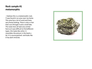 Rock sample #1metamorphic- I believe this is a metamorphic rock. Ti was found in an area near my home. This area has a lot of sand and trees, very forest looking. There is also a river that runs through it and a small lake. The rocks here all look very similar here so it was difficult to find different types. this looks like schist. It resembles the picture in the book a lot. It is course grained  and looks like it has dark minerals. 