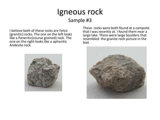 Igneous rockSample #3These  rocks were both found at a campsite that I was recently at. I found them near a large lake. There were large boulders that resembled  the granite rock picture in the text.I believe both of these rocks are Felsic (granitic) rocks. The one on the left looks like a Paneritic(course grained) rock. The one on the right looks like a aphaniticAndesite rock. 