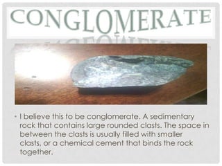• I believe this to be conglomerate. A sedimentary
  rock that contains large rounded clasts. The space in
  between the clasts is usually filled with smaller
  clasts, or a chemical cement that binds the rock
  together.
 