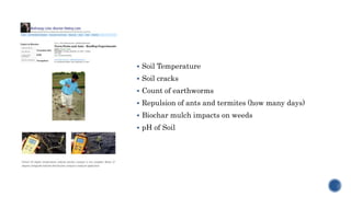  Soil Temperature
 Soil cracks
 Count of earthworms
 Repulsion of ants and termites (how many days)
 Biochar mulch impacts on weeds
 pH of Soil
 