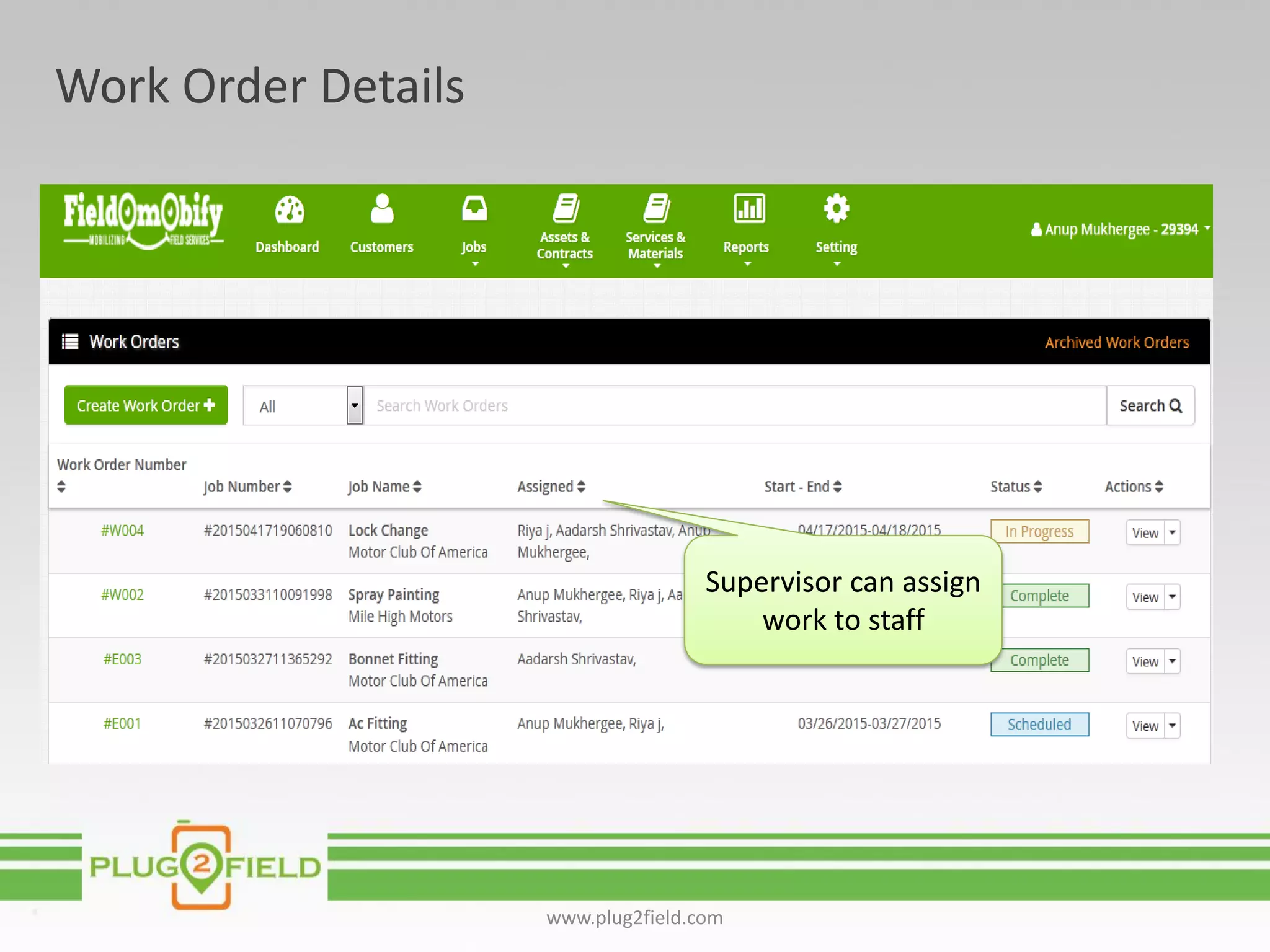 Work Order Details
www.plug2field.com
Supervisor can assign
work to staff
 