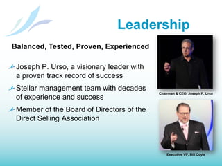 LeadershipBalanced, Tested, Proven, ExperiencedJoseph P. Urso, a visionary leader with a proven track record of successStellar management team with decades of experience and successMember of the Board of Directors of the Direct Selling AssociationChairman & CEO, Joseph P. UrsoExecutive VP, Bill Coyle