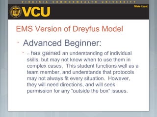 EMS Version of Dreyfus Model

Advanced Beginner:

-- has gained an understanding of individual
skills, but may not know when to use them in
complex cases. This student functions well as a
team member, and understands that protocols
may not always fit every situation. However,
they will need directions, and will seek
permission for any “outside the box” issues.
 