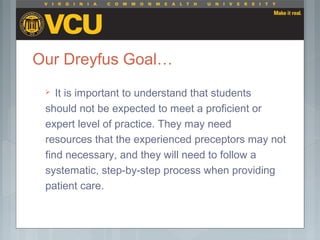 Our Dreyfus Goal…
 It is important to understand that students
should not be expected to meet a proficient or
expert level of practice. They may need
resources that the experienced preceptors may not
find necessary, and they will need to follow a
systematic, step-by-step process when providing
patient care.
 