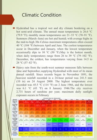 Climatic Condition
 Hyderabad has a tropical wet and dry climate bordering on a
hot semi-arid climate. The annual mean temperature is 26.6 °C
(79.9 °F); monthly mean temperatures are 21–33 °C (70–91 °F).
Summers (March–June) are hot and humid; with average highs in
the mid-to-high 30s Celsius maximum temperatures often exceed
40 °C (104 °F) between April and June. The coolest temperatures
occur in December and January, when the lowest temperature
occasionally dips to 10 °C (50 °F).May is the hottest month,
when daily temperatures range from 26 to 39 °C (79–102 °F);
December, the coldest, has temperatures varying from 14.5 to
28 °C (57–82 °F).
 Heavy rain from the south-west summer monsoon falls between
June and September, supplying Hyderabad with most of its mean
annual rainfall. Since records began in November 1891, the
heaviest rainfall recorded in a 24-hour period was 241.5 mm
(10 in) on 24 August 2000. The highest temperature ever
recorded was 45.5 °C (114 °F) on 2 June 1966, and the lowest
was 6.1 °C (43 °F) on 8 January 1946.The city receives
2,731 hours of sunshine per year; maximum daily sunlight
exposure occurs in February
 