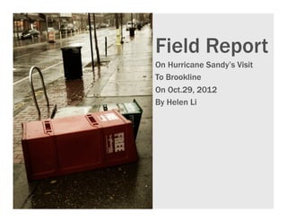 Field Report
On Hurricane Sandy’s Visit
To Brookline
On Oct.29, 2012
By Helen Li
 