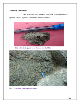 49
Minerals Observed:
There are different types of minerals observed in these rocks which are;
Pyroxene, Olivine, Plagioclase, Hornblendes, Quartz, Peridotites.
Fig# 1) Biotite in Quartz vein, Babusar Chowk, Chilas
Fig# 2) Pyroxnoid rock , Babu sar chowk.
 