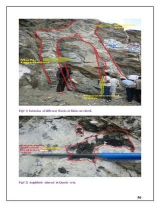 50
Fig# 1) Intrusion of different Rocks at Babu sar chowk
Fig# 2) Amphibole mineral in Quartz vein.
 