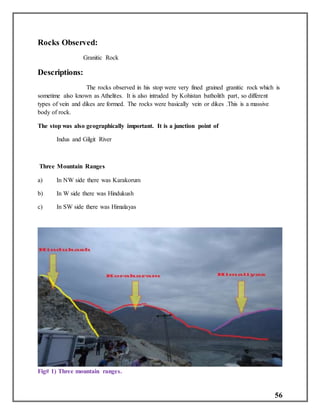 56
Rocks Observed:
Granitic Rock
Descriptions:
The rocks observed in his stop were very fined grained granitic rock which is
sometime also known as Athelites. It is also intruded by Kohistan batholith part, so different
types of vein and dikes are formed. The rocks were basically vein or dikes .This is a massive
body of rock.
The stop was also geographically important. It is a junction point of
Indus and Gilgit River
Three Mountain Ranges
a) In NW side there was Karakorum
b) In W side there was Hindukush
c) In SW side there was Himalayas
Fig# 1) Three mountain ranges.
 