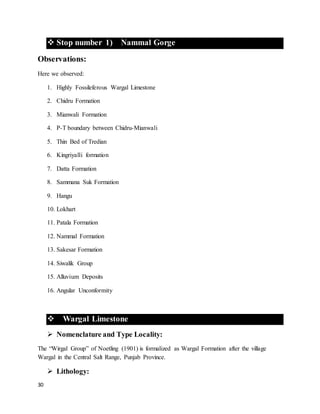 30
 Stop number 1) Nammal Gorge
Observations:
Here we observed:
1. Highly Fossileferous Wargal Limestone
2. Chidru Formation
3. Mianwali Formation
4. P-T boundary between Chidru-Mianwali
5. Thin Bed of Tredian
6. Kingriyalli formation
7. Datta Formation
8. Sammana Suk Formation
9. Hangu
10. Lokhart
11. Patala Formation
12. Nammal Formation
13. Sakesar Formation
14. Siwalik Group
15. Alluvium Deposits
16. Angular Unconformity
 Wargal Limestone
 Nomenclature and Type Locality:
The “Wirgal Group” of Noetling (1901) is formalized as Wargal Formation after the village
Wargal in the Central Salt Range, Punjab Province.
 Lithology:
 