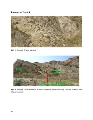 40
Pictures of Day# 4
Fig# 1: Showing Wargle limestone
Fig# 3: Showing Chidru formation Mianwali formation and P-T boundry Between Mainwali and
Chidru formation.
 