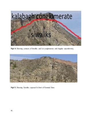 41
Fig# 4: Showing contacts of Siwaliks and Lei conglomerate and Angular unconformity.
Fig# 5: Showing Siwaliks exposed In front of Nammal Dam
 