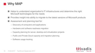 Why MAP
TechEvent September 201710 15.09.2017
Helps to understand organization's IT infrastructures and determine the right
Microsoft technologies for the needs
Provides insight into ability to migrate to the latest versions of Microsoft products
Assessment and planning tool for:
– Discovery of computers and applications
– Hardware and software readiness migration
– Capacity planning for server, desktop and virtualization projects
– Public and Private Cloud capacity and migration planning
– Software usage tracking
 