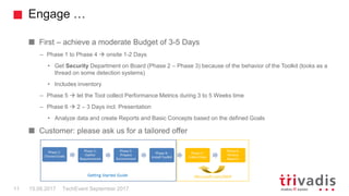 Engage …
TechEvent September 201711 15.09.2017
First – achieve a moderate Budget of 3-5 Days
– Phase 1 to Phase 4  onsite 1-2 Days
• Get Security Department on Board (Phase 2 – Phase 3) because of the behavior of the Toolkit (looks as a
thread on some detection systems)
• Includes inventory
– Phase 5  let the Tool collect Performance Metrics during 3 to 5 Weeks time
– Phase 6  2 – 3 Days incl. Presentation
• Analyze data and create Reports and Basic Concepts based on the defined Goals
Customer: please ask us for a tailored offer
 