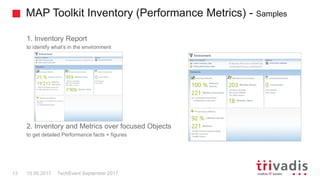 MAP Toolkit Inventory (Performance Metrics) - Samples
TechEvent September 201713 15.09.2017
1. Inventory Report
to identify what’s in the environment
2. Inventory and Metrics over focused Objects
to get detailed Performance facts + figures
 