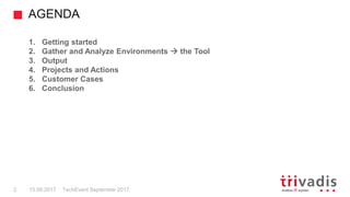 AGENDA
TechEvent September 20172 15.09.2017
1. Getting started
2. Gather and Analyze Environments  the Tool
3. Output
4. Projects and Actions
5. Customer Cases
6. Conclusion
 