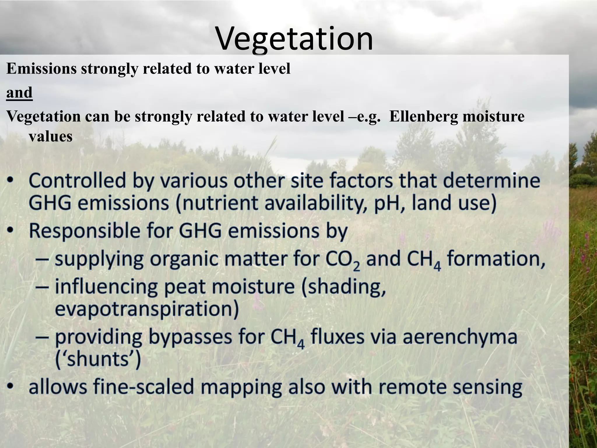 Vegetation
Emissions strongly related to water level
and
Vegetation can be strongly related to water level –e.g. Ellenberg moisture
   values
 