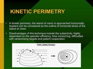 KINETIC PERIMETRY
• In kinetic perimetry, the island of vision is approached horizontally.
Isopters can be considered as the outline of horizontal slices of the
island of vision
• Disadvantages of this technique include the subjectivity, highly
dependant on the operator efficiency, time consuming, difficulties
with randomising targets and patient cooperation
 